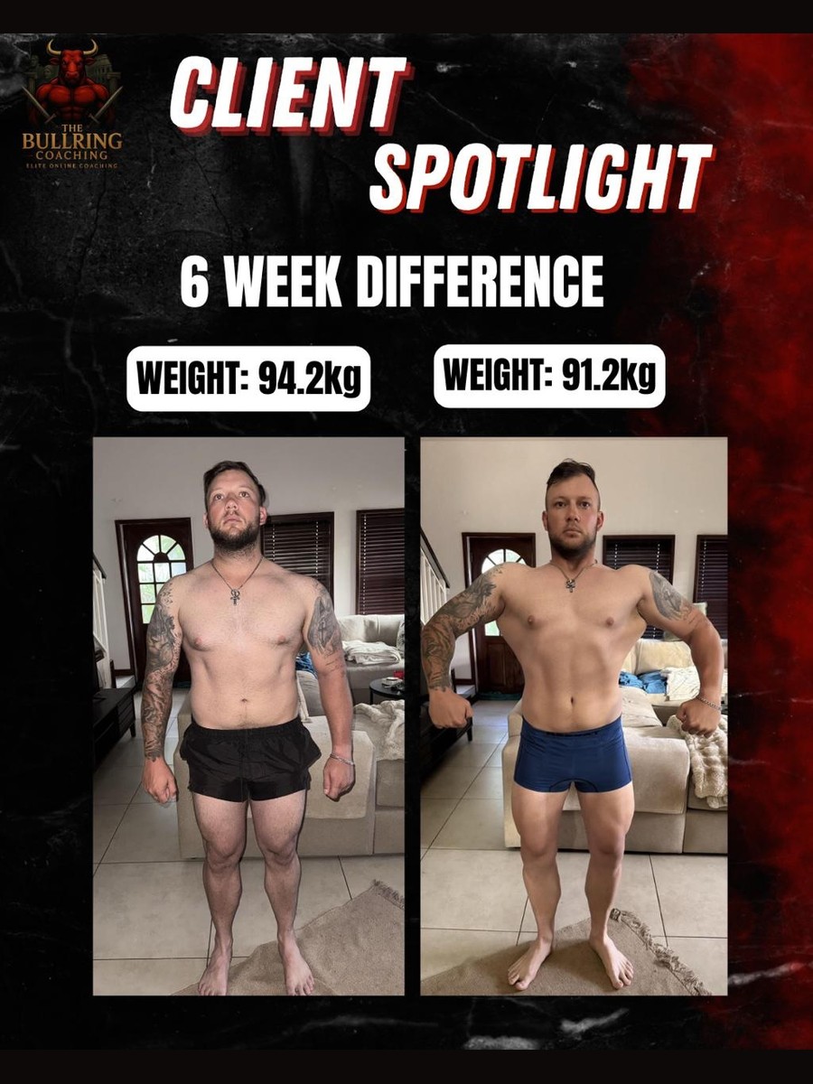 The Bullring client spotlight plate: Gavin at 94.2kg beside Gavin at 91.2kg, six weeks apart, 1 of 4